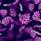Indigo Monstera Pattern Leaves. Purple Seamless Leaf. Pink Watercolor Set. Coral Tropical Painting. Blue Floral Wallpaper.Neon Sum