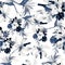 Indigo Pattern Leaves. Navy Tropical Vintage. White Floral Illustration. Cobalt Flora Texture. Azure Decoration Nature.