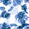 Indigo Seamless Plant. Azure Pattern Jungle. Navy Watercolor Jungle. Cobalt Tropical Design. Beryl Floral Plant. Blue Summer Desig