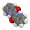 Indigotin indigo dye molecule. 3D rendering.  Used to color cotton in the production of denim cloth for blue jeans.  Atoms are