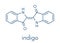 Indigotin indigo dye molecule. Used to color cotton in the production of denim cloth for blue jeans. Skeletal formula.