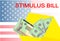 Individual checks and dollars on american flag. Financial incentive bill. Coronavirus Covid-19 concept. vector