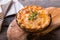 Individual chicken pot pie with puff pastry crust. top view