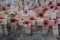 Individual small wood crosses each with a poppy and message in rememberance