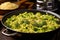 individual stirring broccoli rice in a skillet