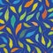 Individually hand drawn leaves in multicolor pattern. Seamless vector repeat on blue background. Fresh happy vibe. Great