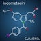 Indometacin molecule, is a nonsteroidal anti-inflammatory NSAID drug. Structural chemical formula on the dark blue background