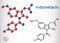 Indometacin molecule, is a nonsteroidal anti-inflammatory NSAID drug. Structural chemical formula and molecule model. Sheet of