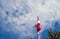 Indonesia and Monaco national flag with cloudy sky and greenery background