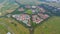 Indonesia Pentagon in Cikarang building looking down aerial view from above. Bekasi, Indonesia, May 20, 2022