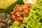 Indonesian dish oseng tempe udang on nasi tumpeng