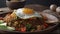 Indonesian Fried Rice Nasi Goreng served with chilli paste sambal and sunny side up egg