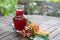 Indonesian heritage of red ginger herbal medicine in glass bottles
