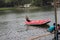 An Indonesian man is on an inflatable boat to monitor people competing in a traditional game called Panjat Pinang on the water at