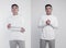 Indonesian man posing wear white long sleeve t shirt isolated on background with mock up concept