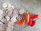 Indonesian money coins (RUPIAH),with eggs and chili pepper on it,placed on wooden background