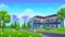 Indonesian Secondary education school building with green lawns, grass and trees cartoon Illustration