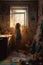 Indoor a child standing in a very messy room, scattered belongings