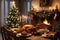 Indoor christmas scene. A dining table with typical Christmas foods. AI