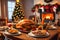 Indoor christmas scene. A dining table with typical Christmas foods. AI