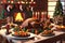 Indoor christmas scene. A dining table with typical Christmas foods. AI