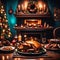 Indoor christmas scene. A dining table with typical Christmas foods. AI