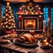 Indoor christmas scene. A dining table with typical Christmas foods. AI