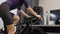 Indoor cycling. Home fitness workout. Woman is training on cycling smart trainer