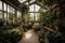 indoor garden with variety of plants, flowers, and greenery