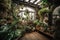 indoor garden with variety of plants, flowers, and greenery