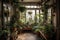indoor garden with variety of plants, flowers, and greenery