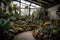 indoor garden with a variety of plants, including succulent and flowering specimens