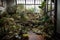 indoor garden with a variety of plants, including succulent and flowering specimens