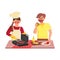 Indoor Grill Fry Meat Girl And Boy Together Vector