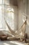 Indoor hammock in a sunlit room with sheer curtains and hanging plant. Relaxation and interior design concept design for