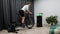 Indoor Home cycling training. Fitness workout on smart bicycle trainer at home. Cycling concept