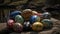 Indoor photography of traditionally painted Easter eggs