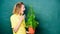 Indoor plants are tough enough to withstand any neglect from their owners. Girl hold plant in pot. Floral shop. Florist