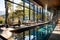 an indoor pool in a room with large windows overlooking the hills
