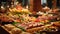 Indoor Restaurant Catering Buffet with Colorful Meats, Fruits, and Vegetables