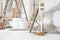 Indoor shot close up frontal view of bricklayer, plasterer or house painter tools on white floor with buckets in home renovation