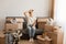 Indoor shot of woman wearing white t shirt and jeans sitting on sofa during relocating to a new place, keeping hand on her