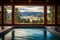 indoor spa pool in a cabin with view of hills
