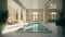 Indoor swimming pool in a luxury home. Beige walls, decorative tiles floor, comfortable loungers, large beautiful