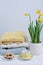 Indoor table setting. Narcissus flower in a pot with knitted sweaters.