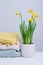 Indoor table setting. Narcissus flower in a pot with knitted sweaters.