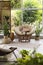 Indoor terrace interior with soft papasan chair and plants