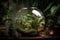 indoor terrarium filled with lush greenery and exotic plants