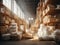 An indoor warehouse with parcels and merchandise on the rack, light shines through windows. Generative AI