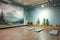indoor yoga practice space with calming wall art